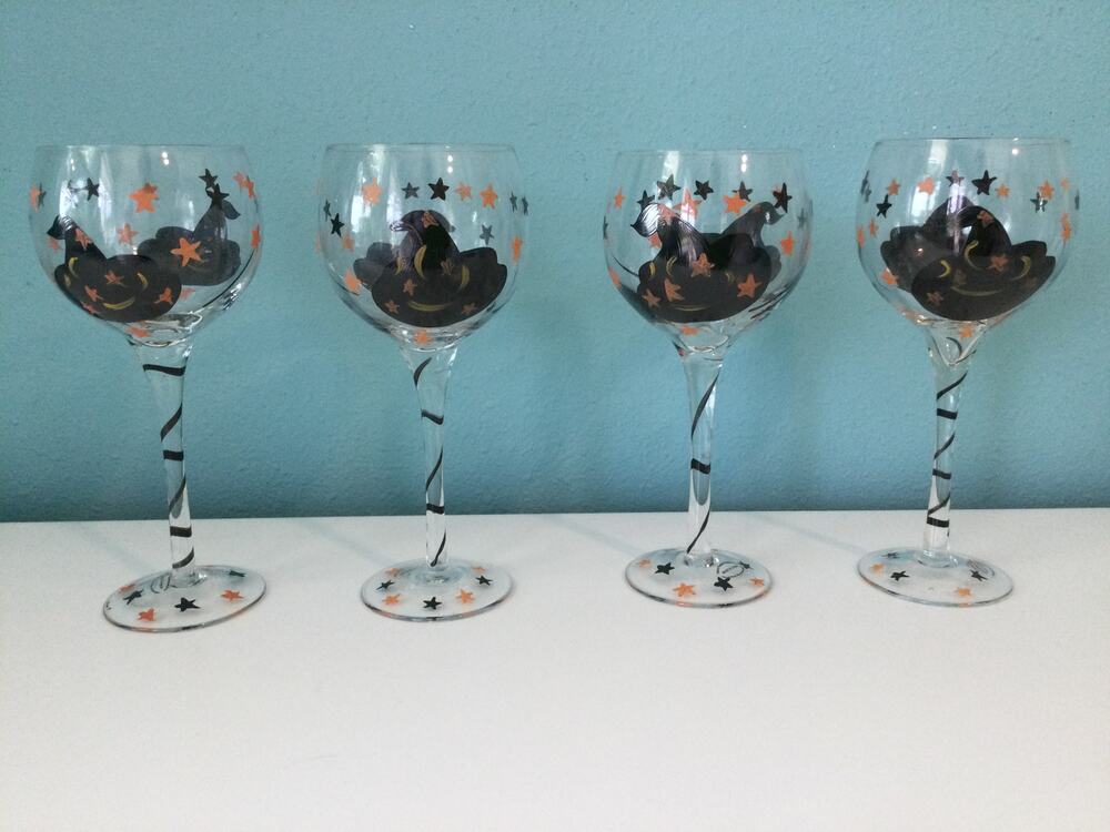 Halloween Hand painted Wine Glass Set of 4
